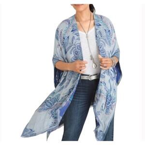 Chicos Floral Embroidered Jacquard Ruana Wrap Size OS Blue Purple Artsy Bohemian